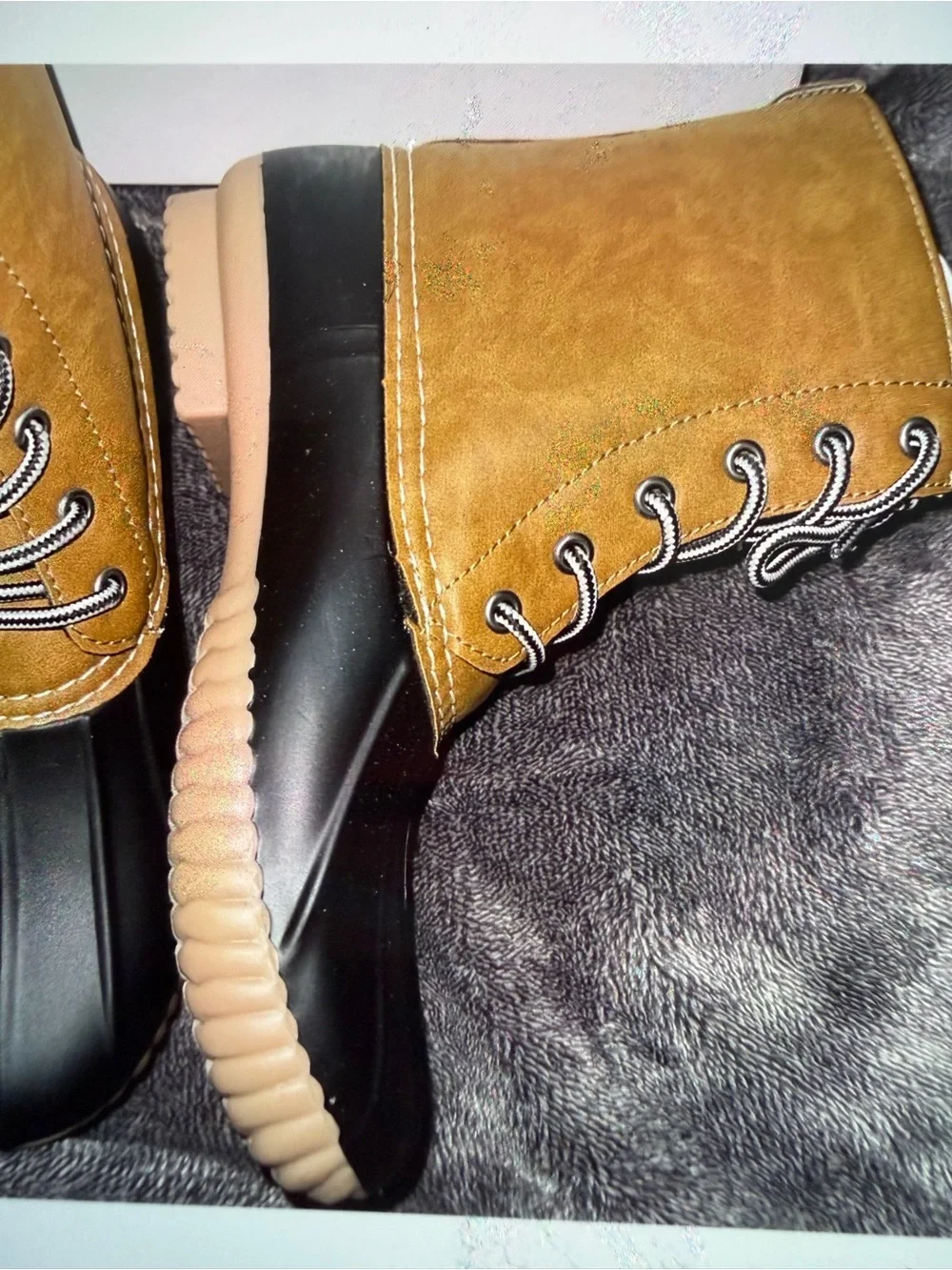 Report Tan and Black Lace-Up Duck Boots